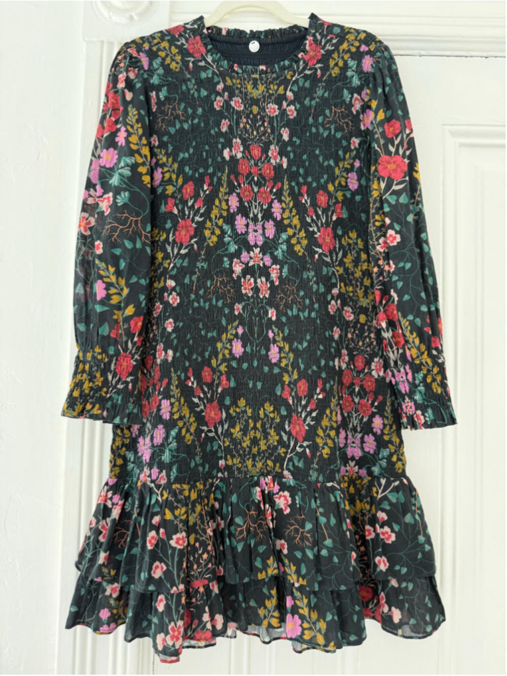 Women's Margaret O'Leary Floral Long Sleeve Smocked Dress, Size L, Black/Pink